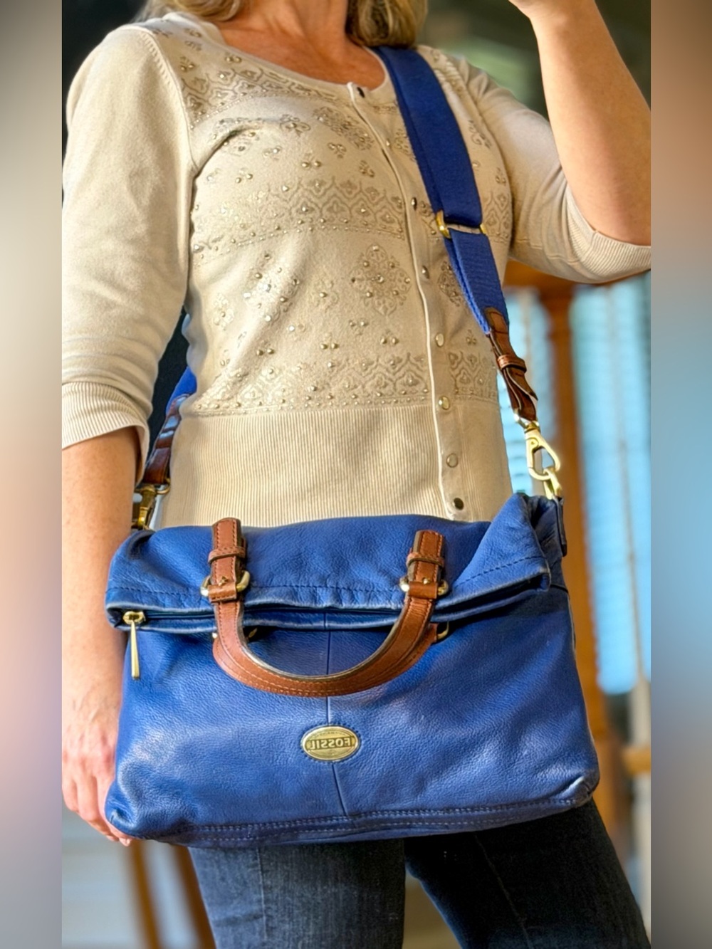 Fossil Rare 2010s Explorer Heritage Blue Leather Fold-Over Tote Crossbody